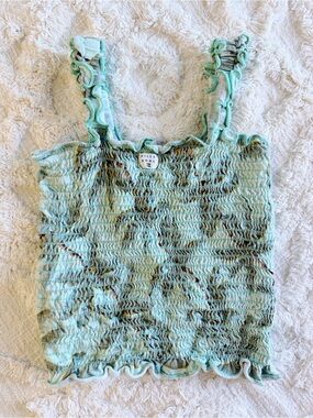 Girl's Billabong Smocked Floral Crop Tank Top XS Mint Green Ruffle Strap GUC